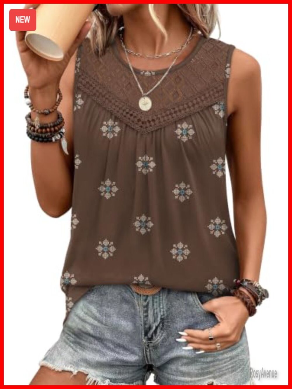 Lace Crochet Boho Sleeveless Tank Top Loose Fit Pleated Crewneck Summer Flowy